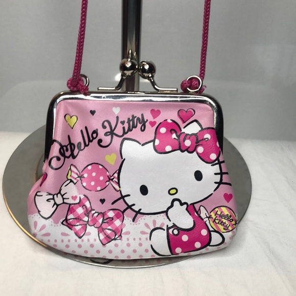 HELLO KITTY Super cute Small kiss lock coin purse pink rope. Silver kiss lock. - Picture 1 of 9